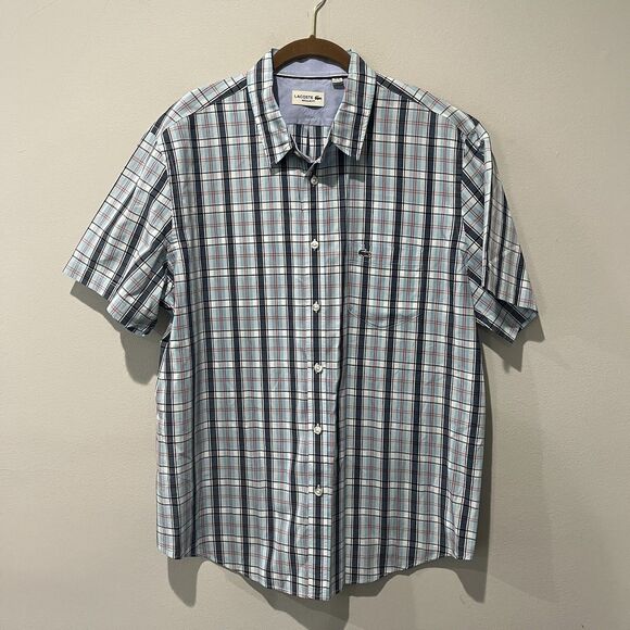 Lacoste Alligator Button Up Shirt Men’s 45 2XL Blue Plaid Short Sleeve Preppy - Picture 1 of 8